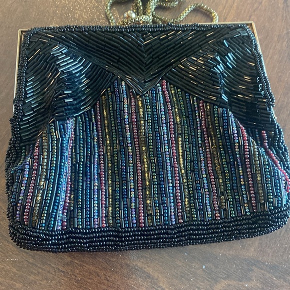 Vintage Black and multi Beaded Purse antique Gold tone Chain Shoulder Strap - Picture 5 of 16